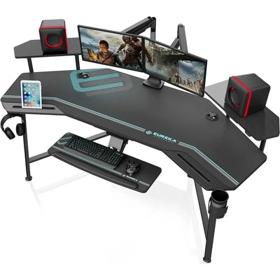 72" Large Wing-Shaped Studio Desk with Keyboard Tray, Monitor Stand, Dual Headphone Hanger Cup Holder