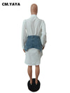 Vintage Long Sleeve Turn-down Collar Shirt Blouse Dress with Denim Jean Mini Skirt, 2-Piece Set