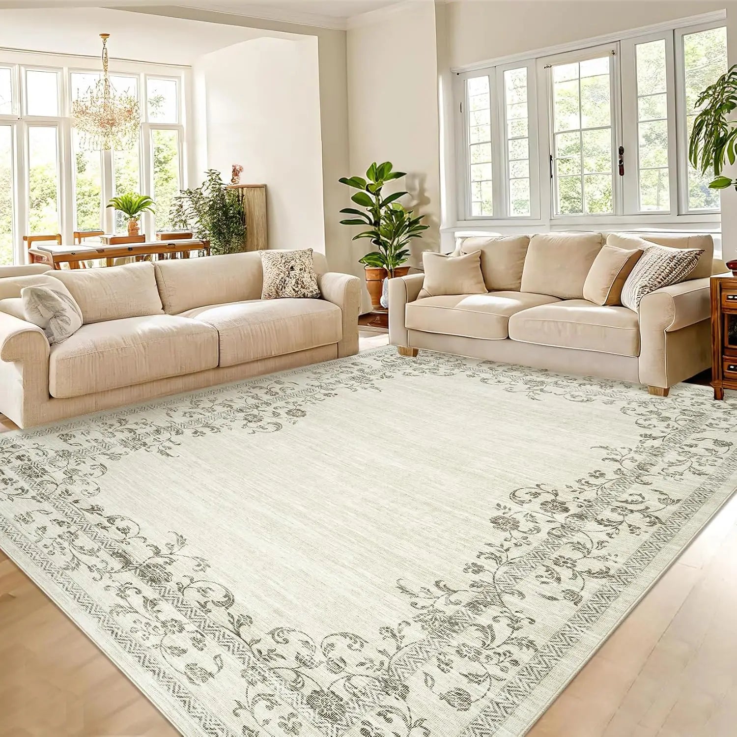Indoor Floral Bordered Soft Non-slip Area Rug, Washable