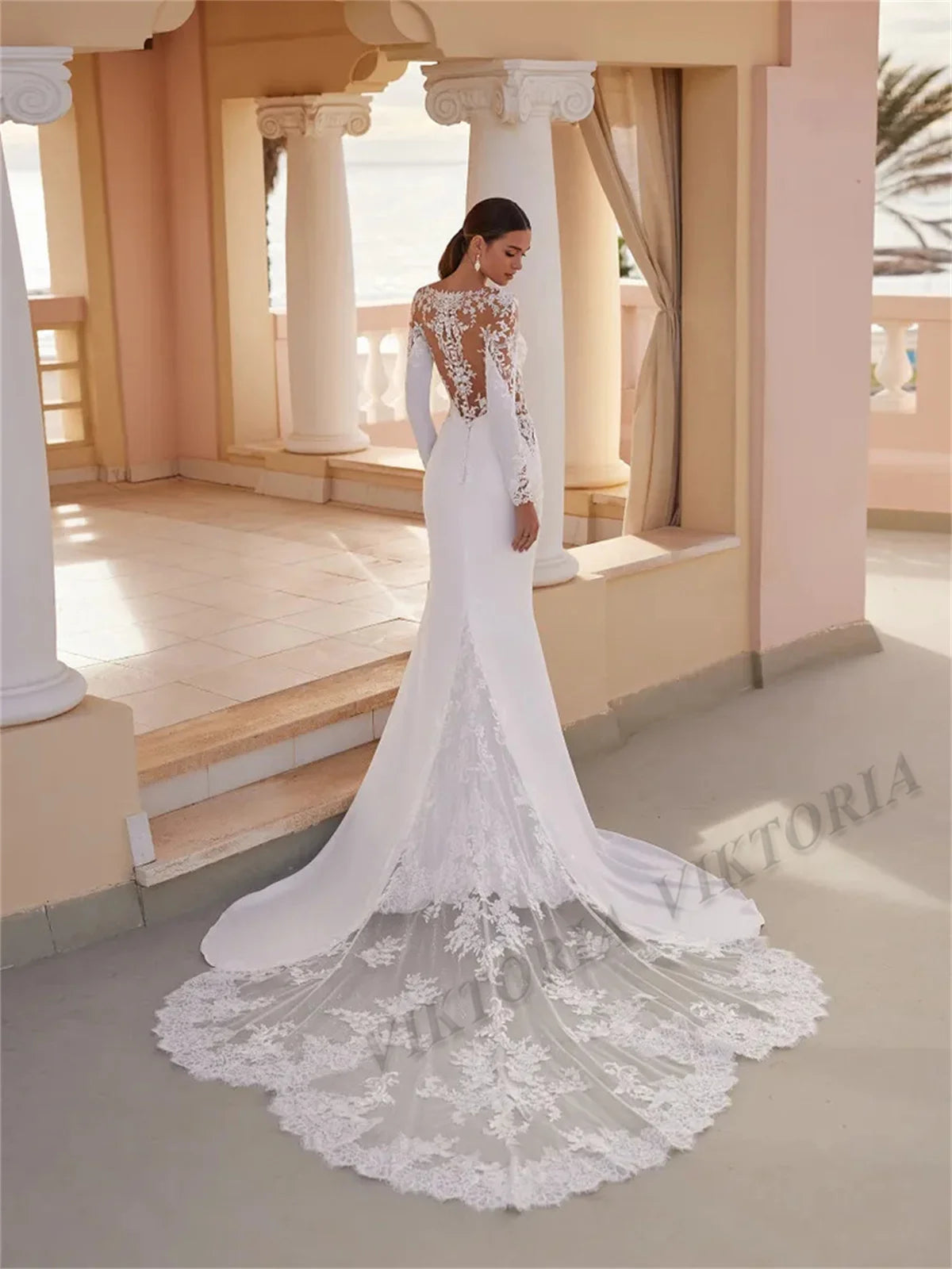 VIKTORIA Trendy Mermaid Wedding Dresses with Long Sleeves Lace Appliques V-neck Court Train Vestidos De Novia Custom Made