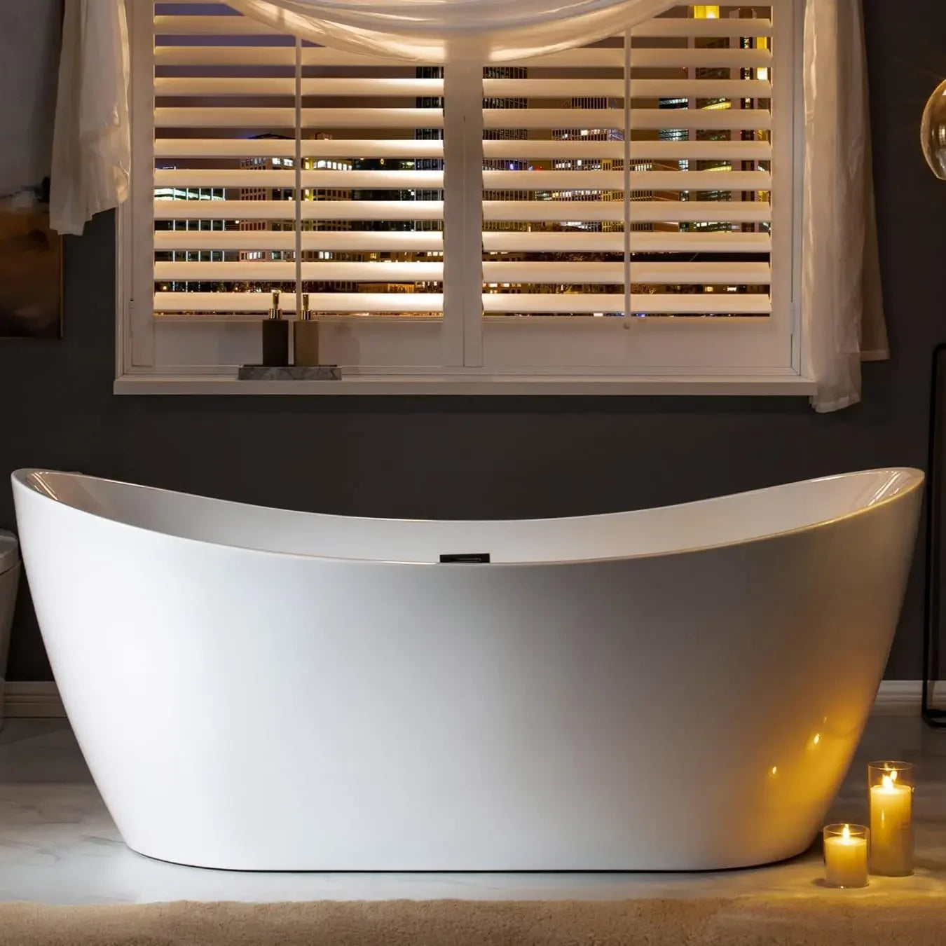 Freestanding White Acrylic Soaking Bathtub with Matte Black Drain and Overflow Anti Slip Design High Quality Structure