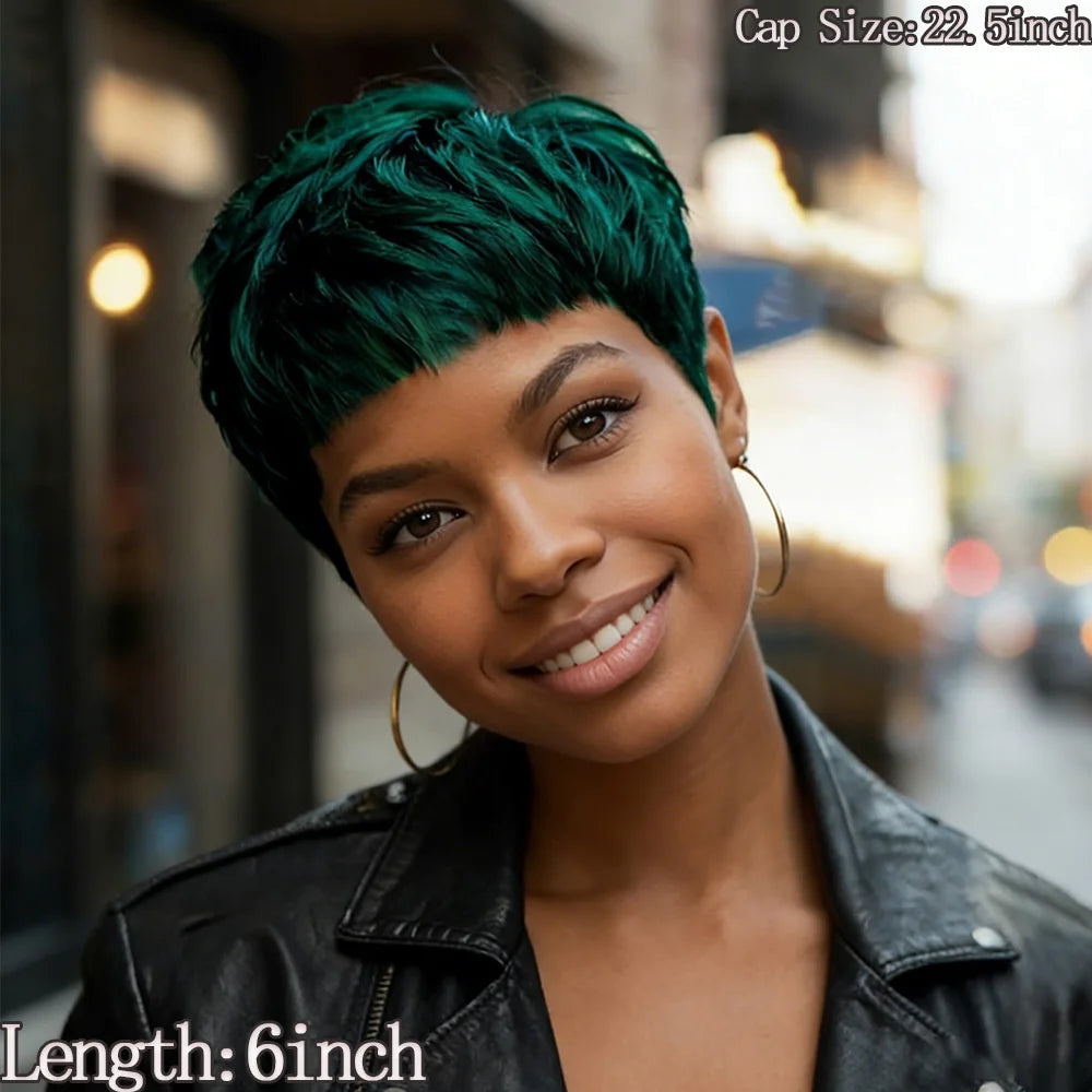 Green Short Straight Layered Bangs Hight Density Pixie Cut Human Hair Wig For Women Full Machine Made Wig