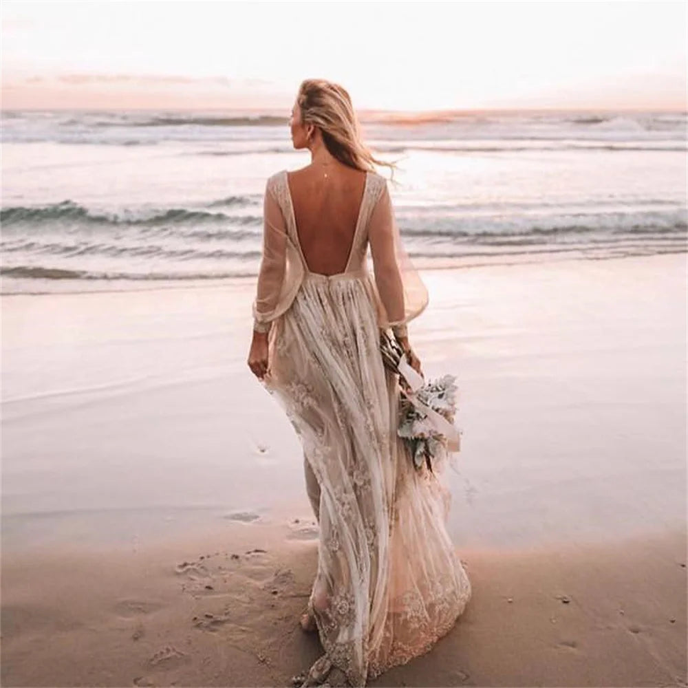 Customized Boho Lace Embroidered Long Sleeve Wedding Dress Deep V Neck and Flowy Lace Skirt for Beach Bridal Dress