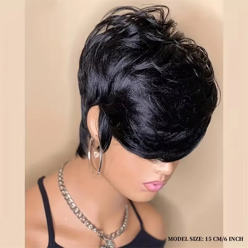 180% Density Glueless Human Hair Pixie Wig 6 Inch Straight Layers Long Swoopy Bangs Natural Black Lightweight Daily Parties