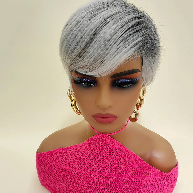 Short Natural Wave Pixie Gray New Comfortable African American Wig Capless Synthetic Hair Wig Women's All Grey / For Black Women