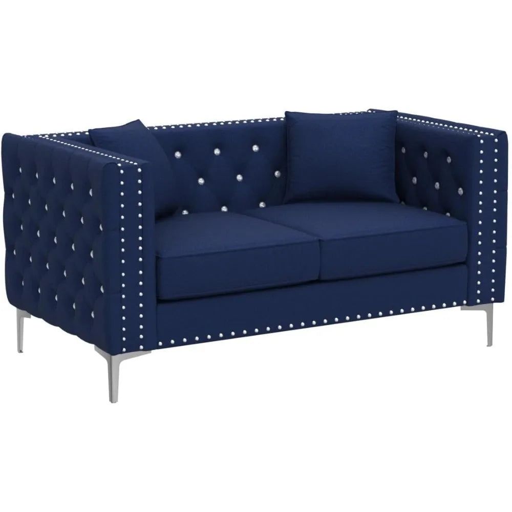 Velvet Loveseat with Jeweled Buttons Square Arms and 2 Pillows