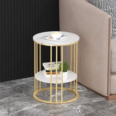 Round Marble Accent End Table, 2-Tier Storage with Gold Metal Frame