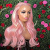 WIF Light Pink Body Wave Synthetic Lace Wig Middle Part Long Wavy Pink Hair Heat Fiber Party Makeup Women Wear Lace Front Wigs