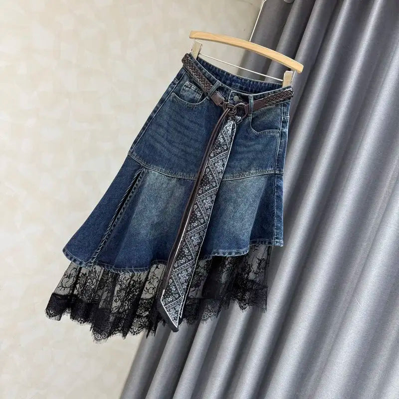 Design sense niche Patchwork Lace Denim Skirt For women 2026 Spring autumn New Irregular Temperament Fashion Mid length Skirts
