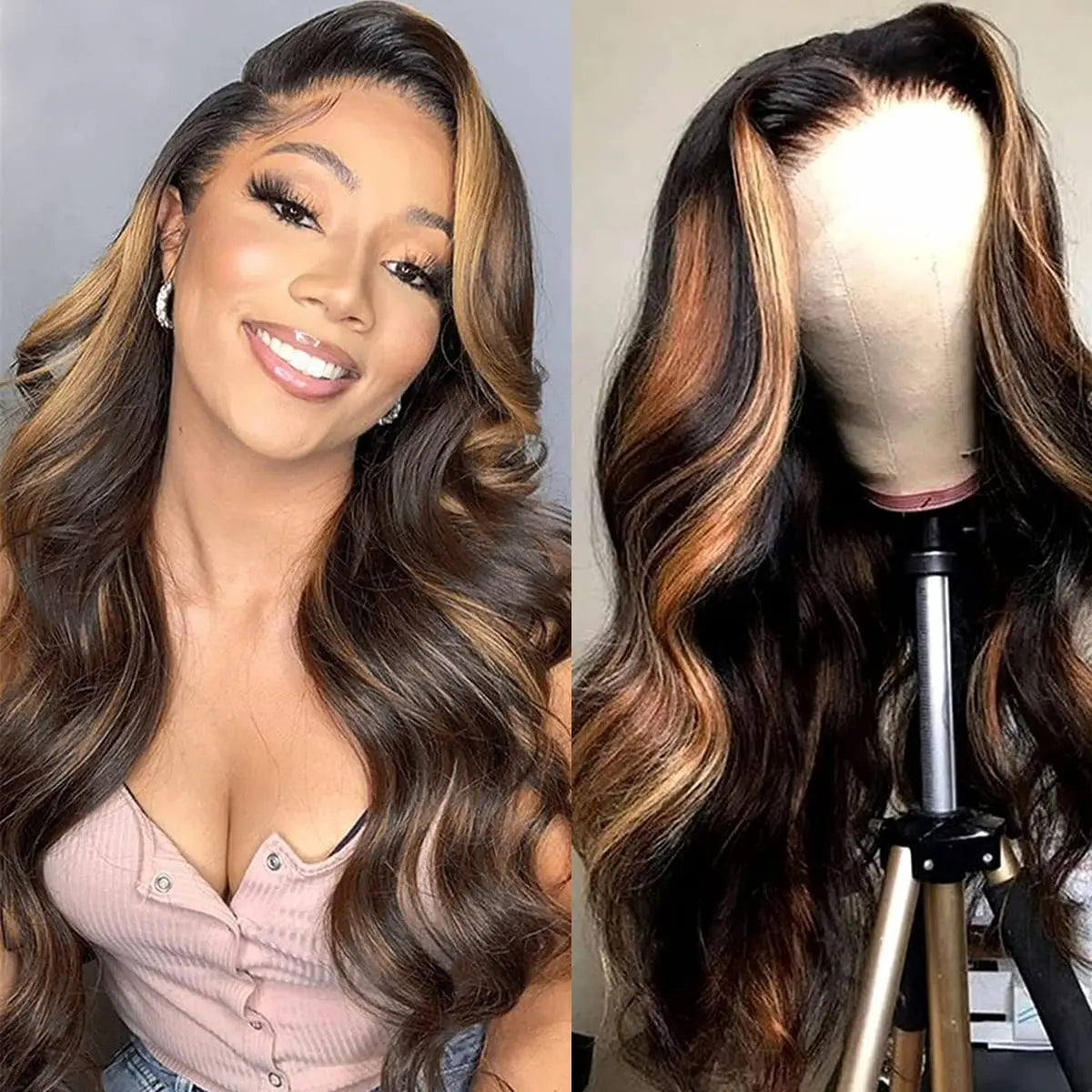 Ombre Highlight 13X6 Body Wave Lace Front Wigs Human Hair 1B/30 Brown Colored HD Transparent Lace Frontal Wigs Pre Plucked 180% Density 30 Inch Balayage Glueless Wig for Women