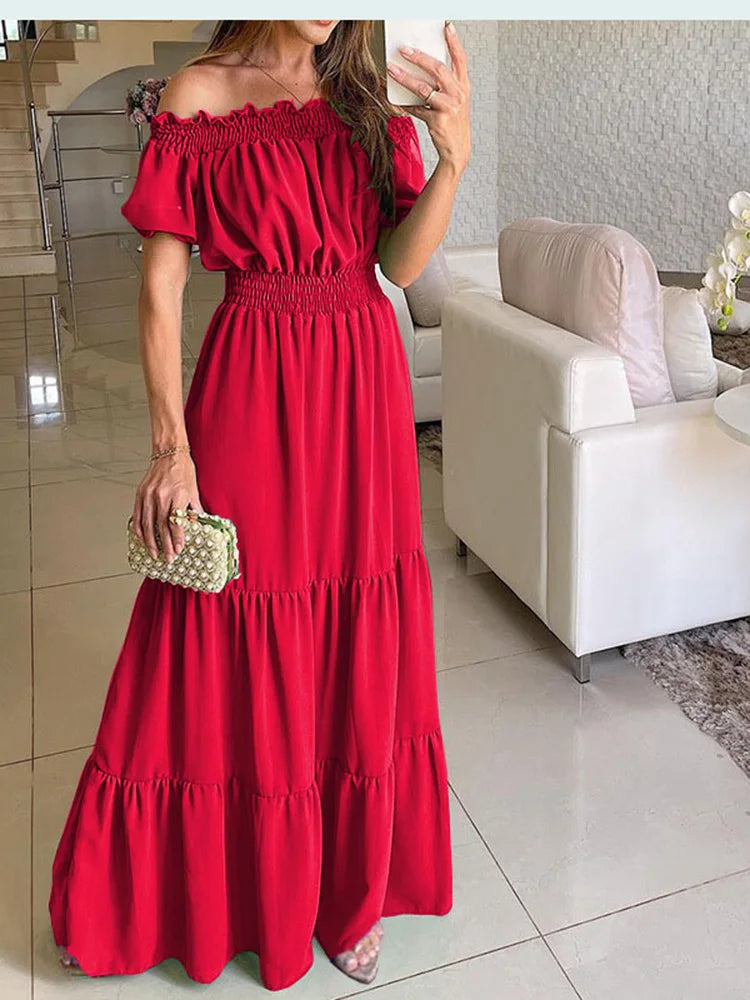 Elegant Solid Color Ruffles Shoulder Elastic Waistband Boho Dress