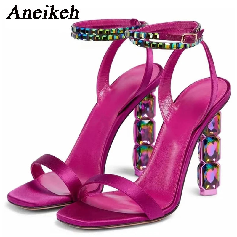 Aneikeh Sexy Sparkly Stacked Crystal Heel Sandals