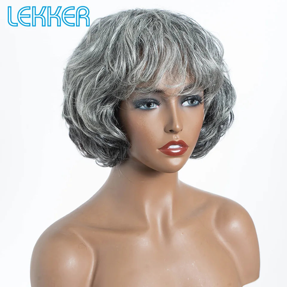 Lekker Short Silver Gray Wavy Bob Human Hair Wigs For Older Women Brazilian Remy Hair Glueless Salt and Pepper Colored Bangs Wig