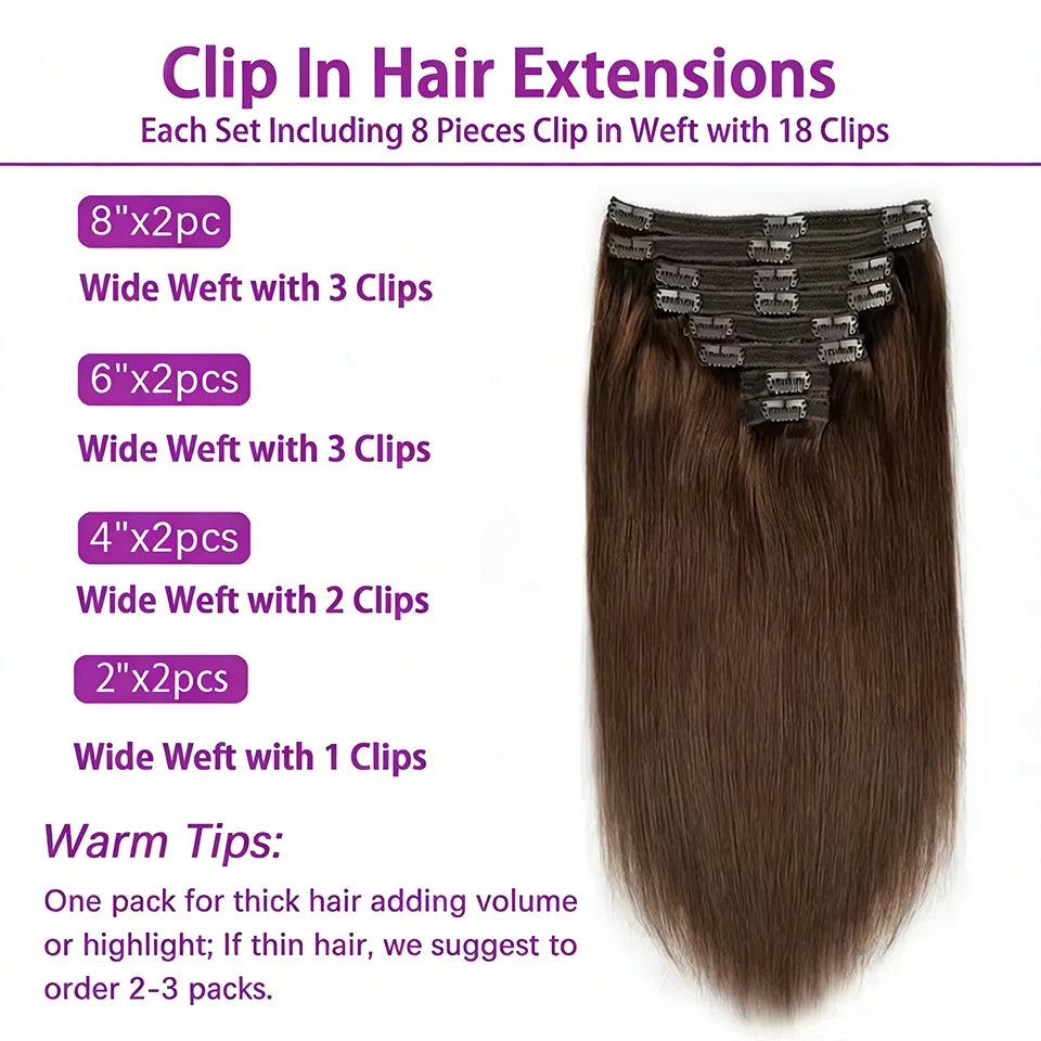 Clip in Hair Extension Human Hair Highlight #4/27 Clip on Brazilian Straight Human Hair Extensions 16-26 Inches Natural Color