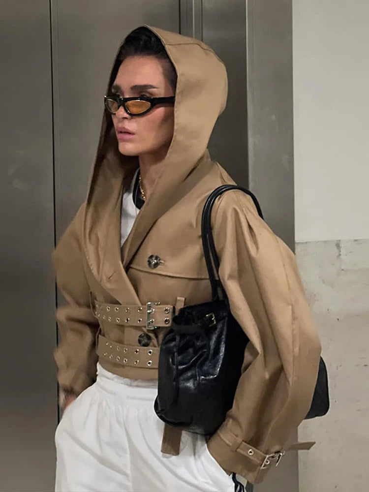 Ladies Jacket Autumn Vintage Hooded Windbreaker Standing Collar Short Coats Lace Up Oversize Outwear New Trending 2025 Products
