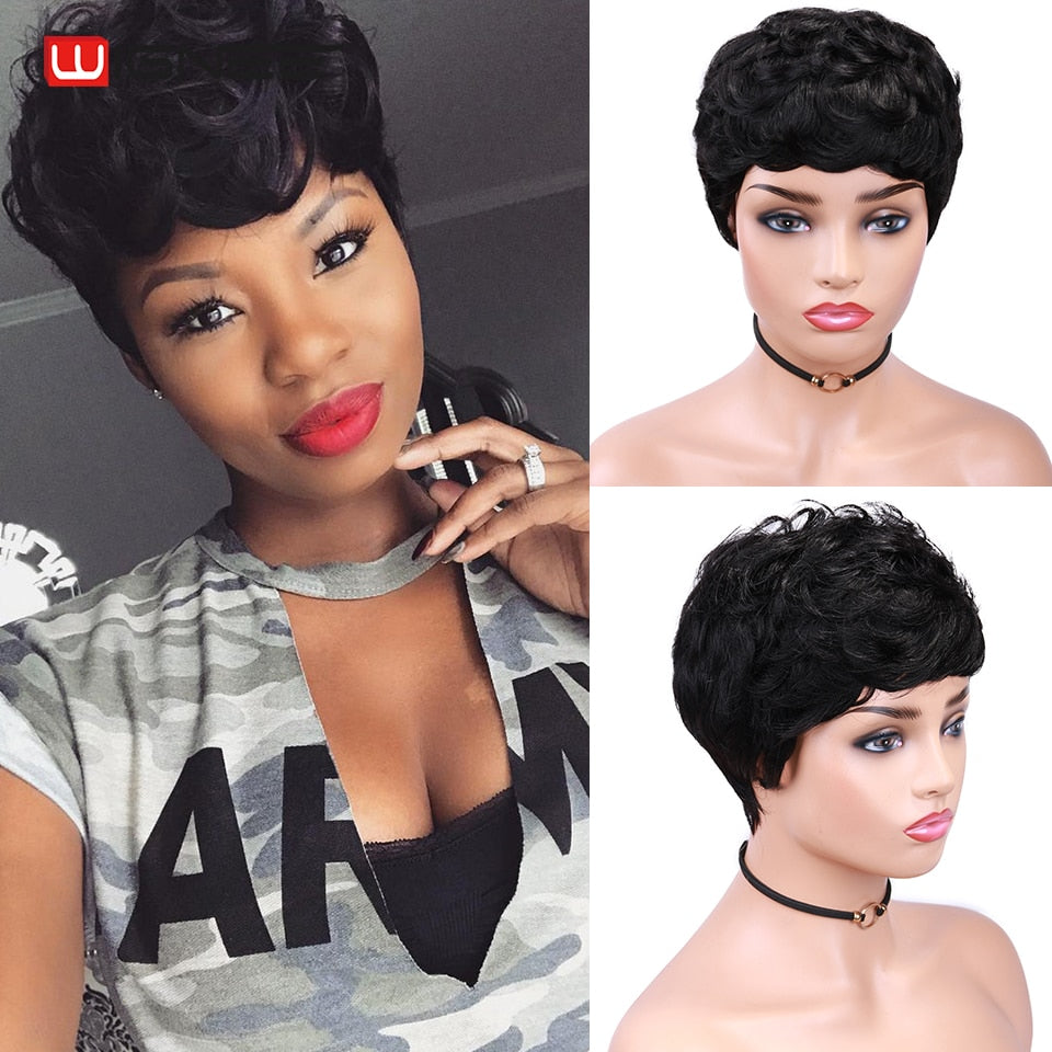 Short Afro Curly Human Hair Wigs Pixie Cut Short Wig 150% Density Glueless Full Machine-Made Brazilian Remy Hair For Black Women