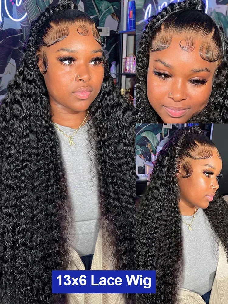 Transparent Brazilian 13x4 Water Wave Lace Front Human Hair Wigs For Women 300 High Density HD 13x6 Deep Wave Lace Frontal Wigs 40 42 Inch Bouncy Jerry Curly Human Hair Wigs Wet and Wavy Glueless Wigs Natural Black Preplucked