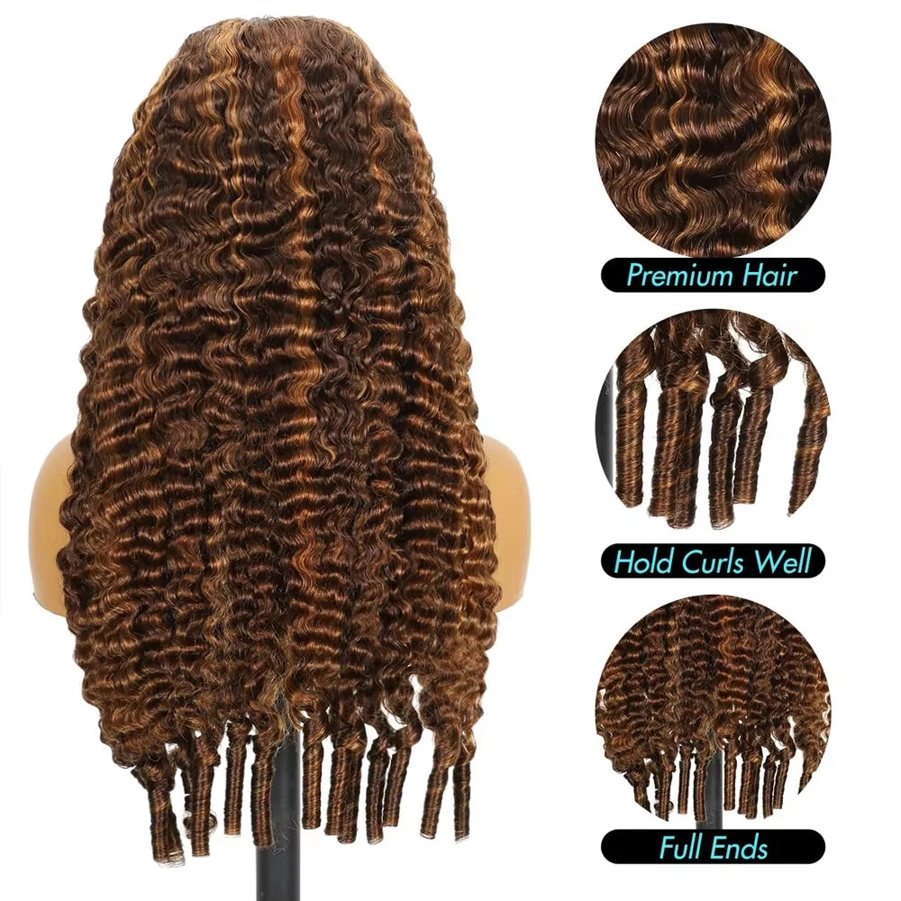 30 Inch Highlight Burmese Curly Half Wig Human Hair Wear and Go Wigs P4/27 Omber Brown to Honey Blonde 3-in-1 Machine Curly Wig