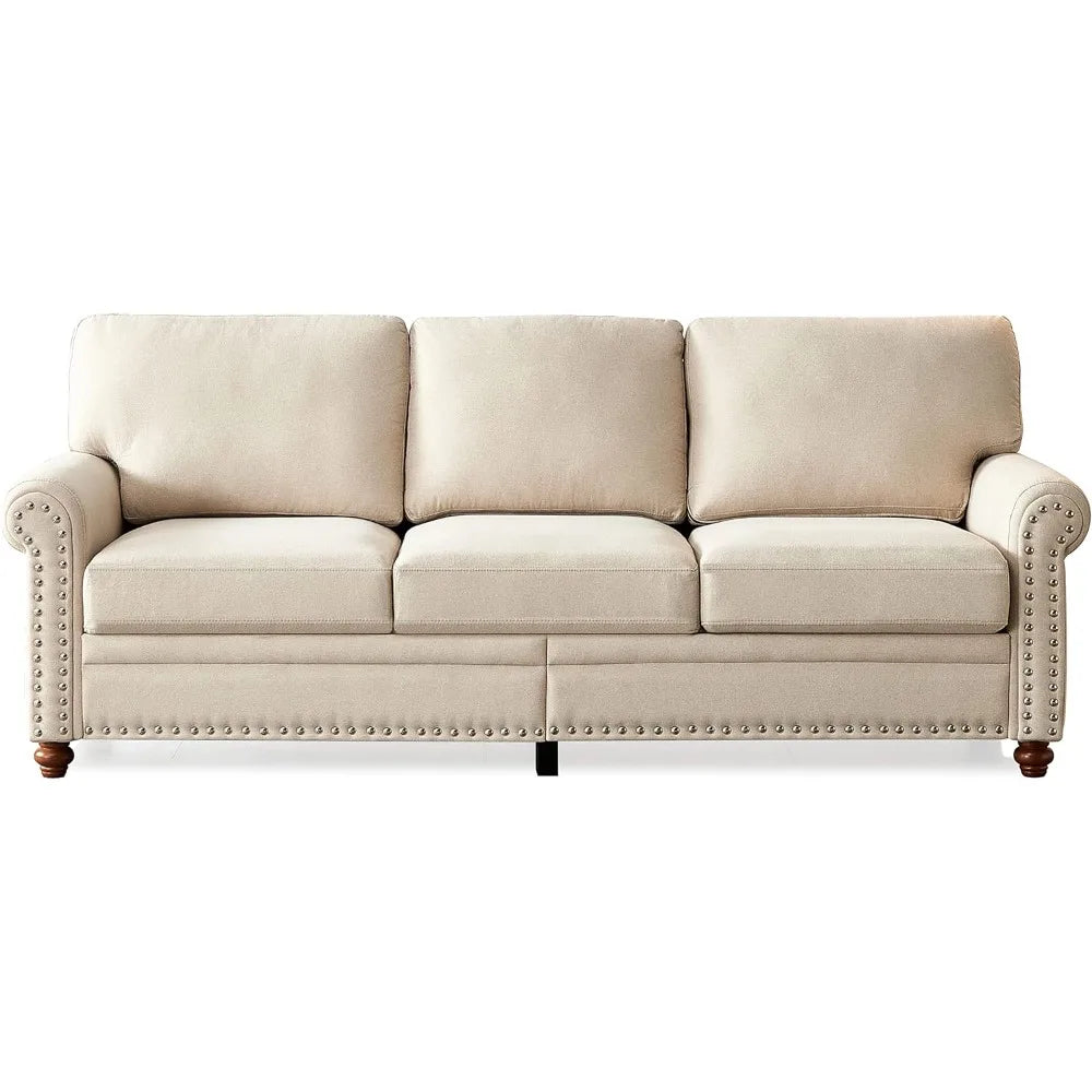 Modern 3-Seater Sofa with Rolled Arms and Wood Legs, Nail head Trim