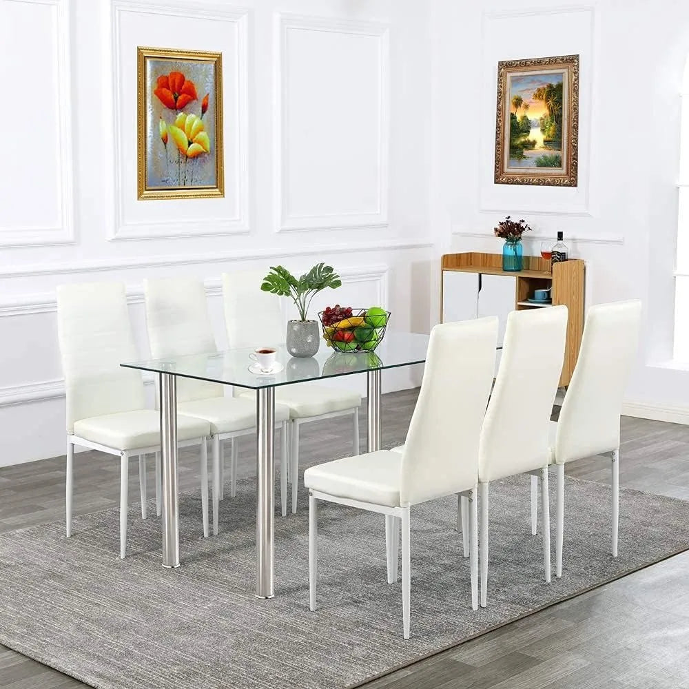 7-Piece Modern Glass Dining Table with 6 Faux Leather High Back Chairs