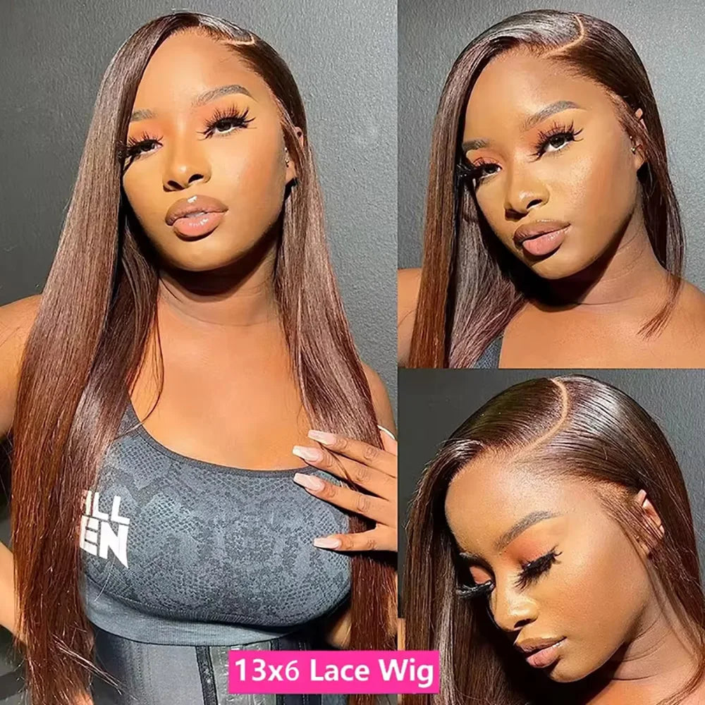 #4 Straight Chocolate Brown Wigs 200% Density 13x4 13x6 HD Transparent Lace Frontal Wigs Real Human Hair 46 Inch Remy Women Hair