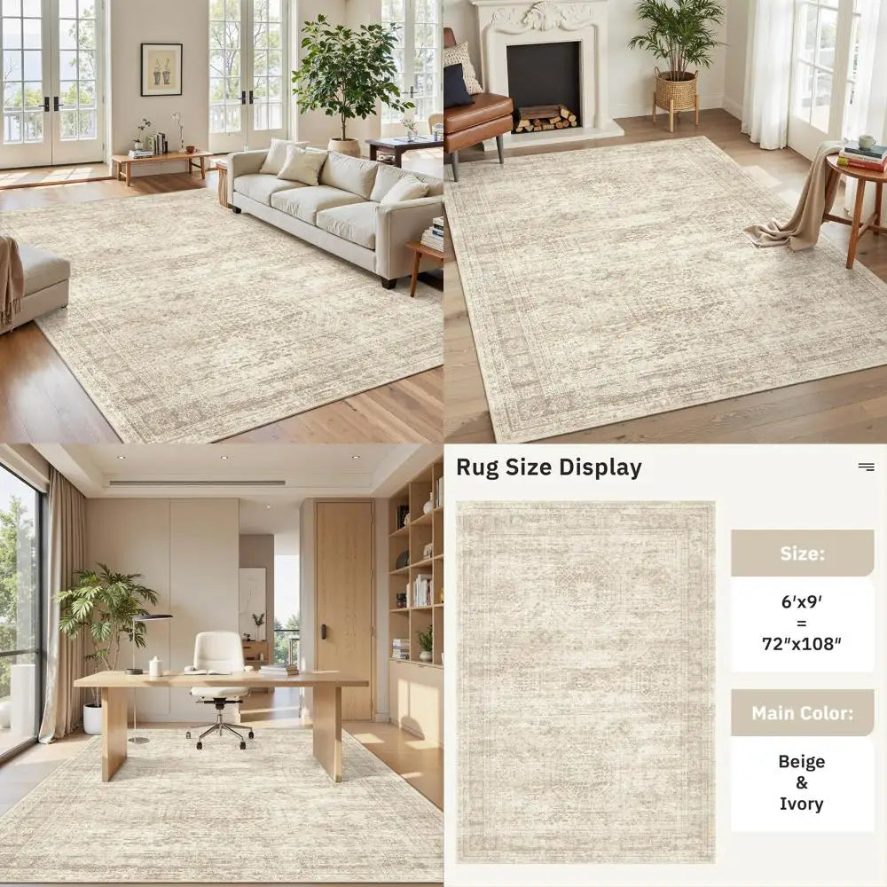Modern Beige Indoor Washable 6x9 Area Rug with Non-Slip Feature