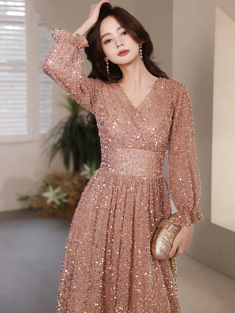 Long Sleeve Evening Dresses Elegant V-Neck A-Line Floor-Length Sparkly Sequin Women Formal Gowns For Engagement Part