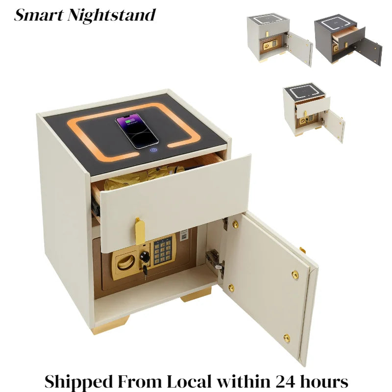 Solid Wood LED Smart Wireless Charging Nightstand with Drawer & Safe