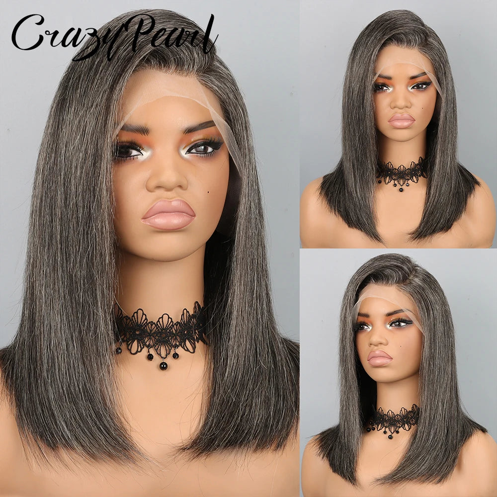 CrazyPearl Bob Wig Human Hair Salt and Pepper Grey Wigs 13X4 Straight Lace Frontal Wigs Human Hair Natural Hairline Gray Wigs