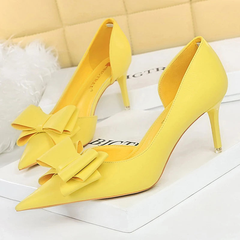 BIGTREE Pu Leather Pointed Toe Kitten Heeled Bowknot High-heeled Shoes