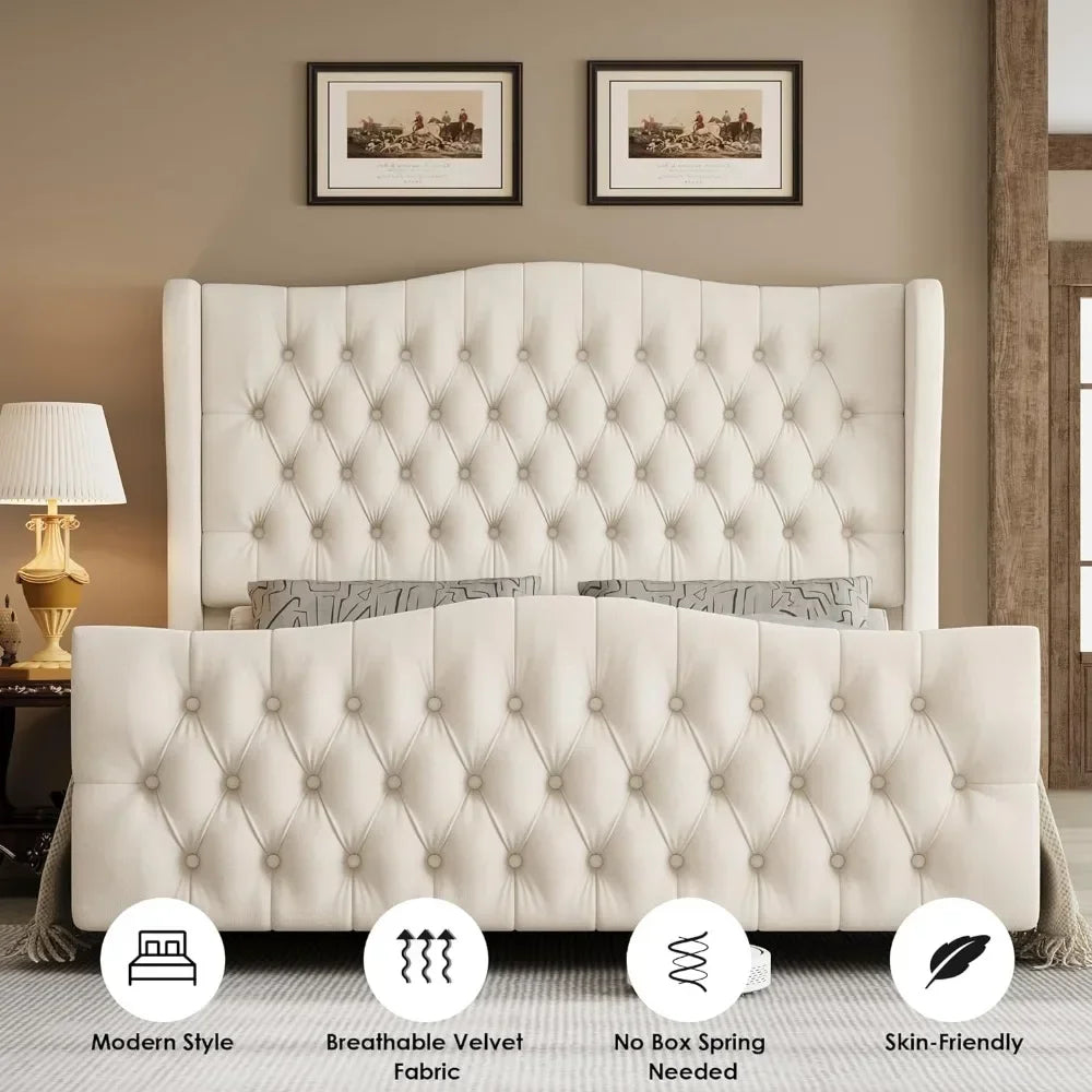 King Velvet Upholstered Deep Button Tufted Wingback Headboard and Footboard, No Box Spring Needed