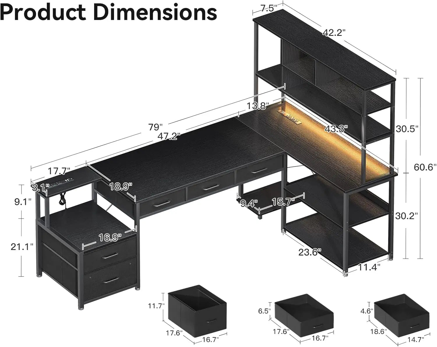 79 inch L Shaped Desk with File Drawers, Reversible with Power Outlets & LED Lights