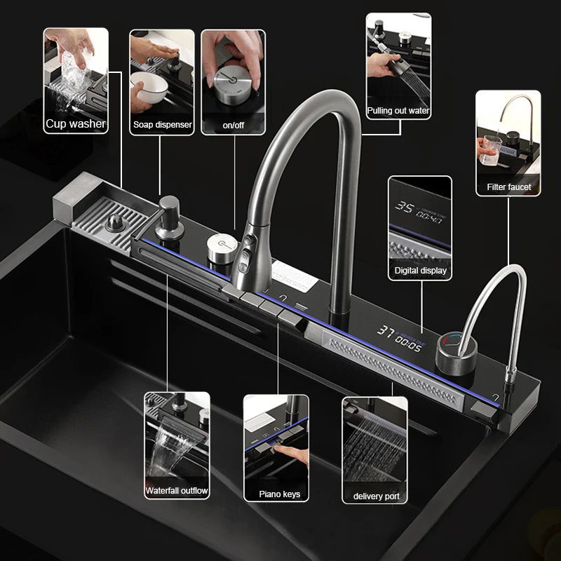 Stainless Steel Waterfall Kitchen Sink With Large Single Slot Integrated Digital Display Faucet Set, Soap Dispenser, Cup Washer