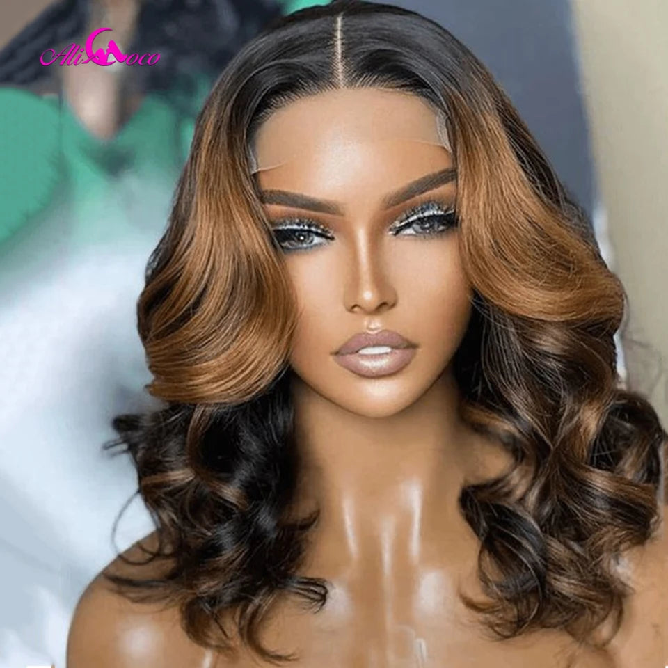 Highlight Brown Body Wave Bob Wigs 13x4 Lace Front Wigs Transparent Lace Frontal Short Bob Wigs Human Hair Wigs For Women