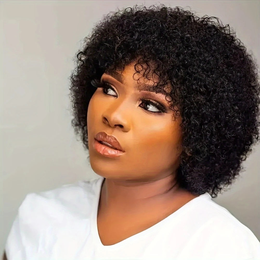 Kinky Curly Afro Wave Wig 150% Density 6Inch Pixie Cut Afro Kinky Curly Human Hair Wig for Women Full Machine Made Wig