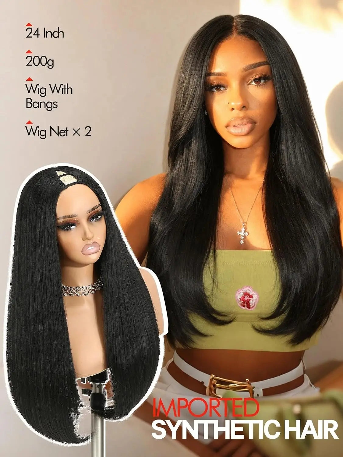 Quantum Love Half Wig Yaki Straight V Part Wig Inward Curl Ends Layered Synthetic Hair Black 24In
