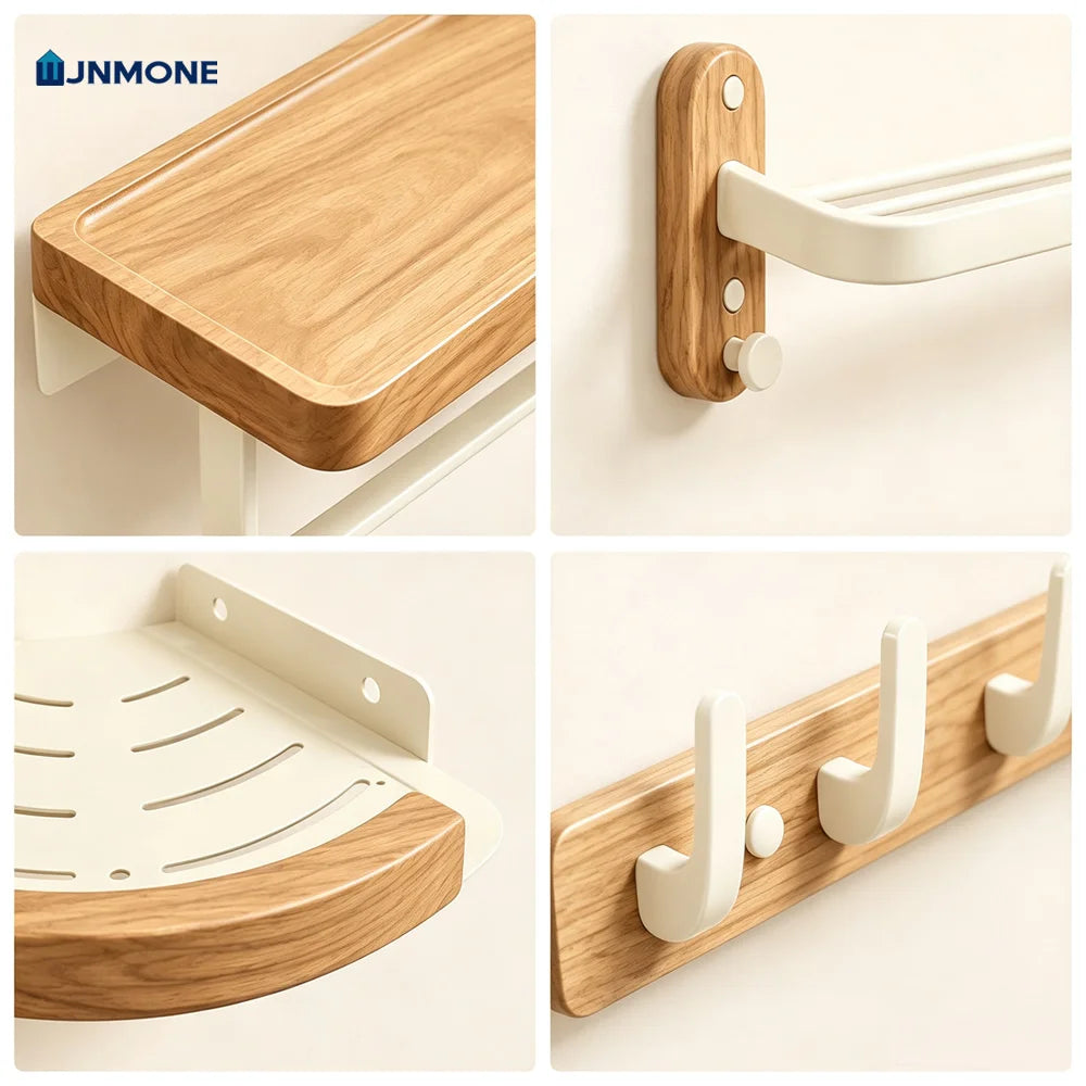 White Walnut Wood Bathroom Hardware Set Towel Rack Organizer Shelf Toilet Brush Holder Wall Mounted Bathroom Accessories Kit
