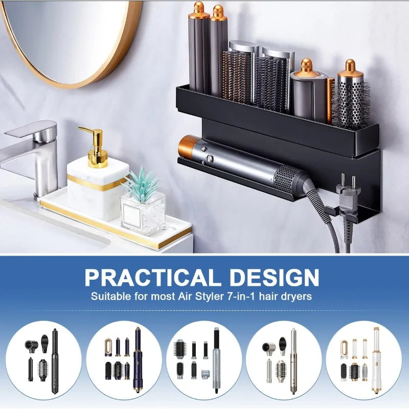 Iron No Drill Hair Tool Organizer Wall Mounted Storage Rack for Curling Iron Blow Dryer Multi Function Holder