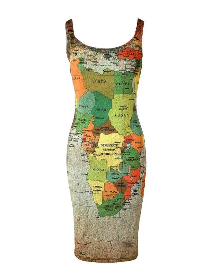 Map Print Sexy Sleeveless U-Neck Bodycon Mini Daily Dress