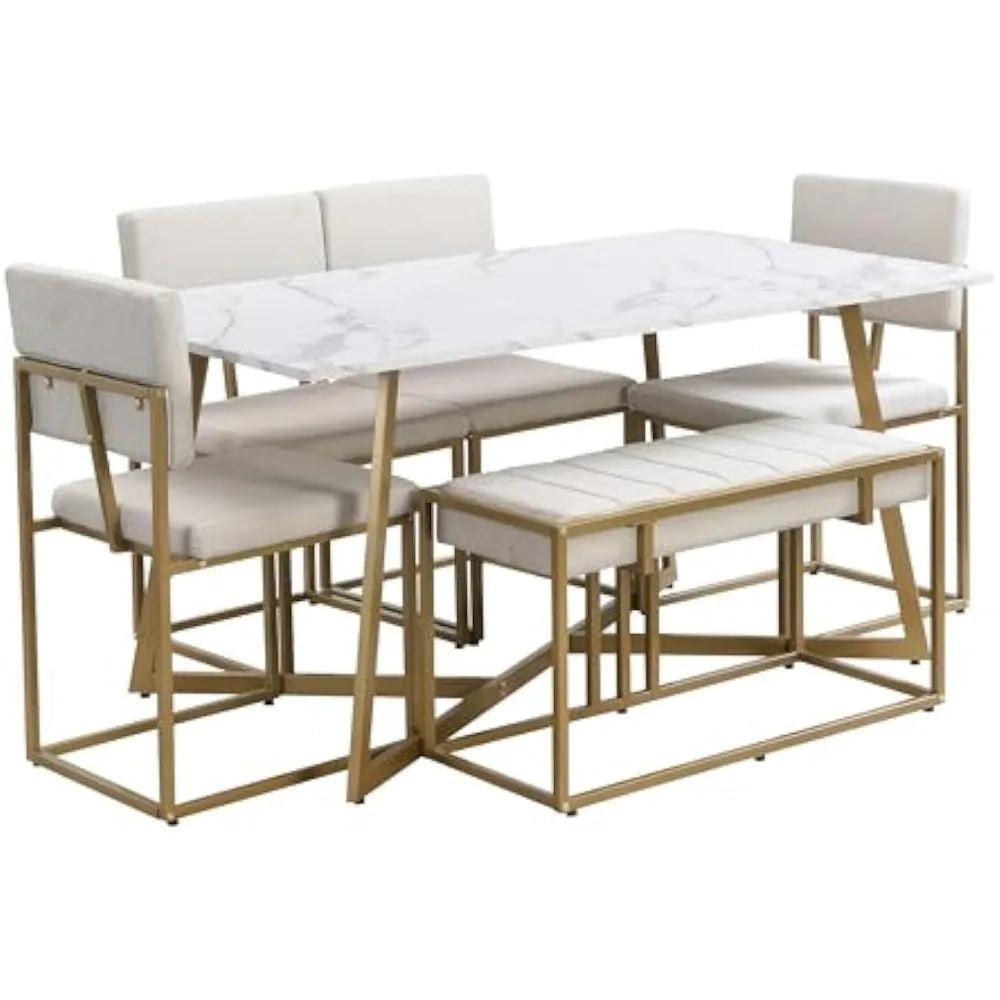 6-Piece Modern Faux Marble Dining Table Set with 4 Dining Chairs and Bench