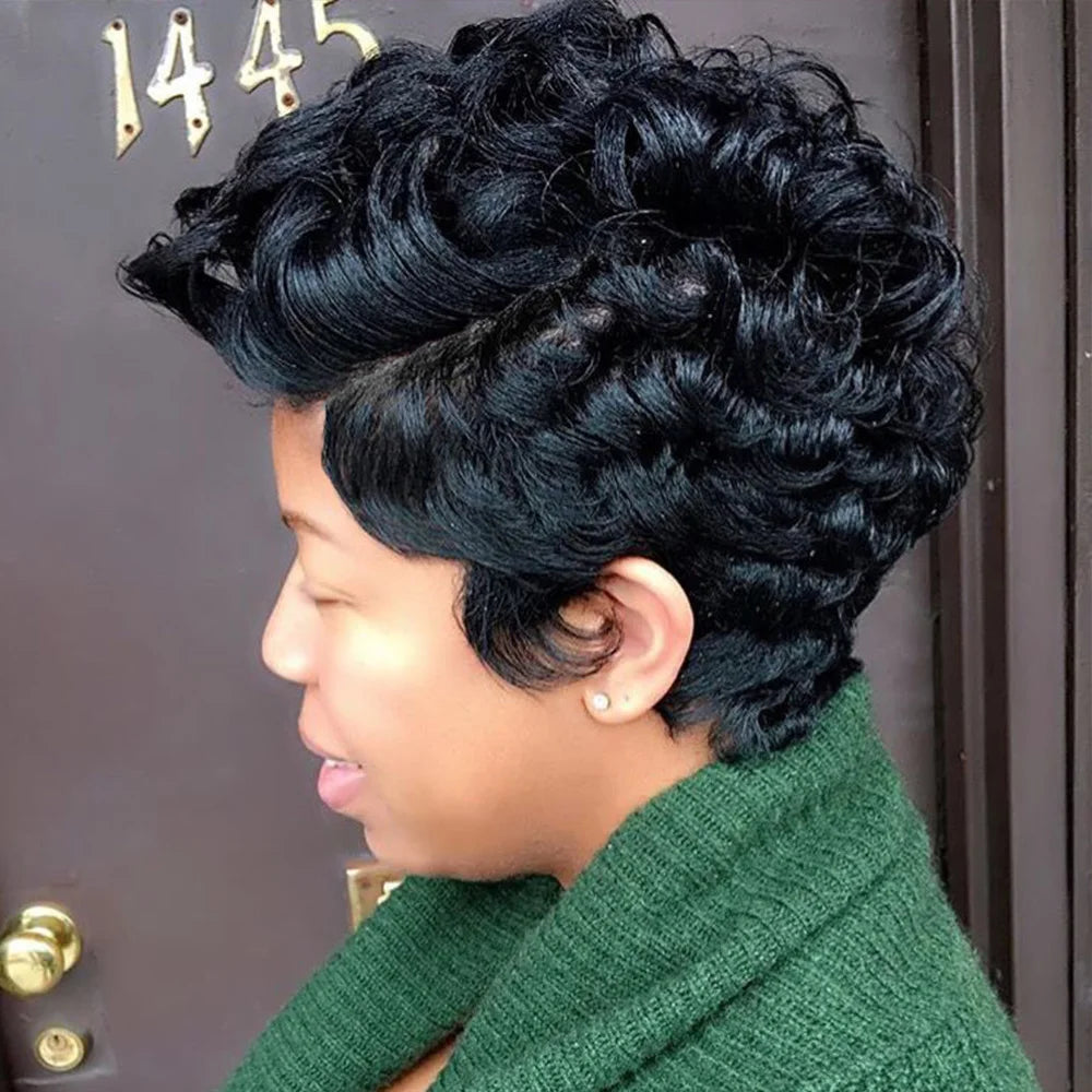 Short Human Hair Wigs For Black Women Curly Layered Pixie Cut Wig Remy Human Hair Machine Made Wigs For Daily Use