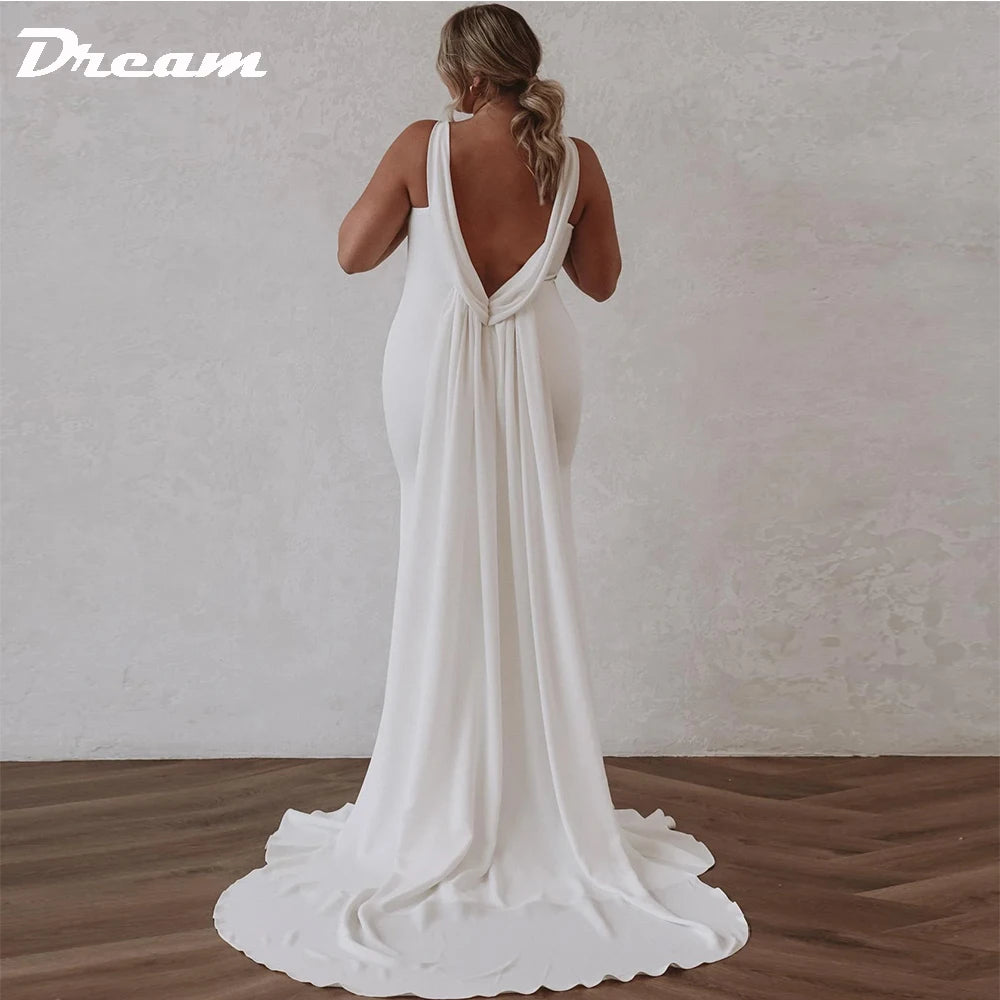 DREAM Deep V Neck Crepe Detachable Train Mermaid Wedding Dress -Sleeveless Open Back Simple Bridal Gowns Elegant