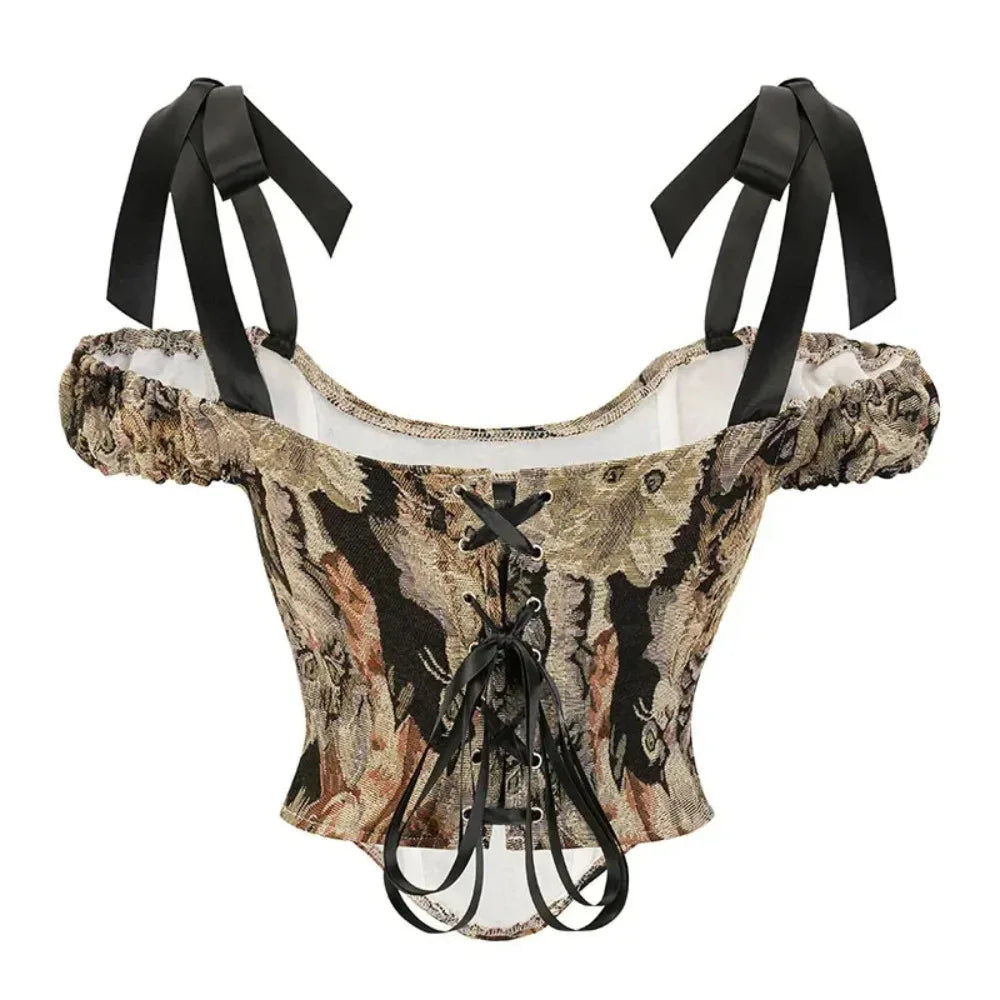 Cat Pattern Off Shoulder Corset Tops Vintage Gothic Overbust Bustiers Vest Lace-up Lingerie Feminino Burlesque Costume