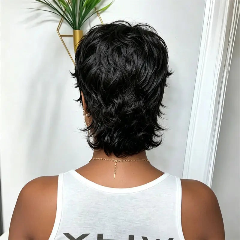 Mullet Pixie Cut Wig Natural Black Full Machine Made Wig With Bangs Fashion Style Breathable Easy To Wear For Women Daily Use