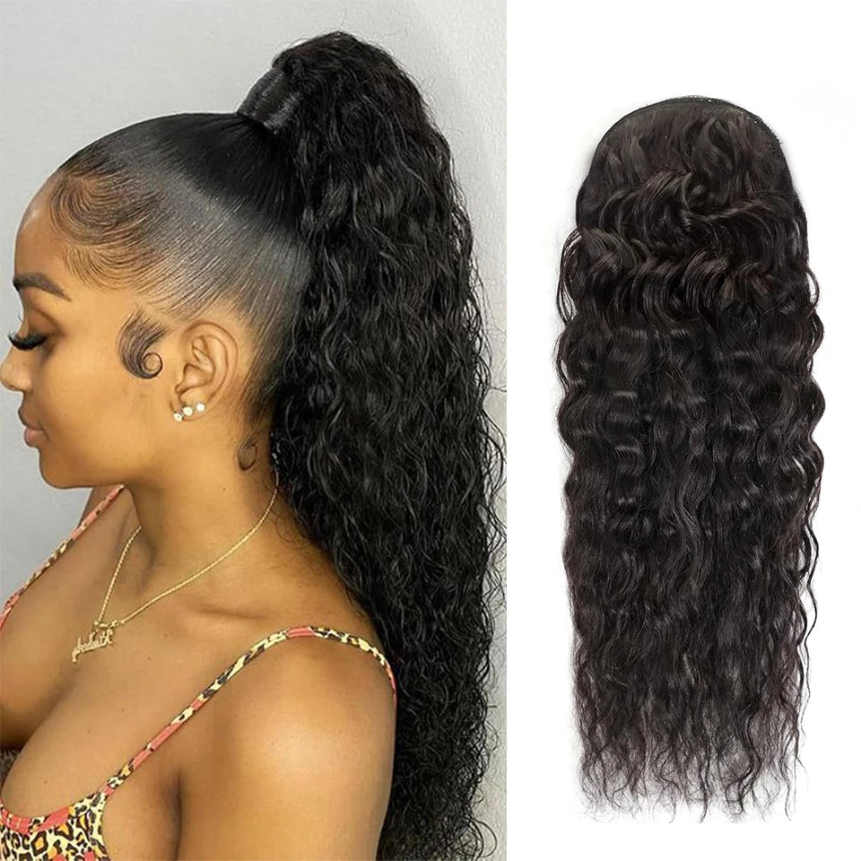 Water Wave Human Hair Drawstring Ponytail Extension Corn Wave Ponytail Clip in Extension for Women Brazilian Drawstring Ponytail