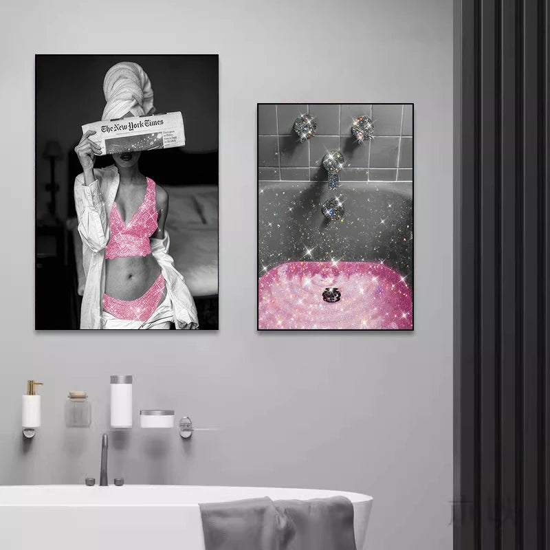 Black and Pink Bathroom Canvas Posters, Frameless