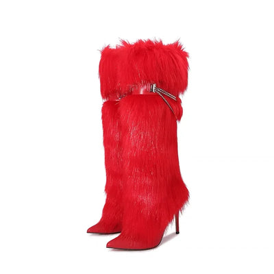 European and American Sexy Slim High Heels Nightclub Runway Boots for Women's Fashionable Colored Fur Knee Length Sleeve Boots
