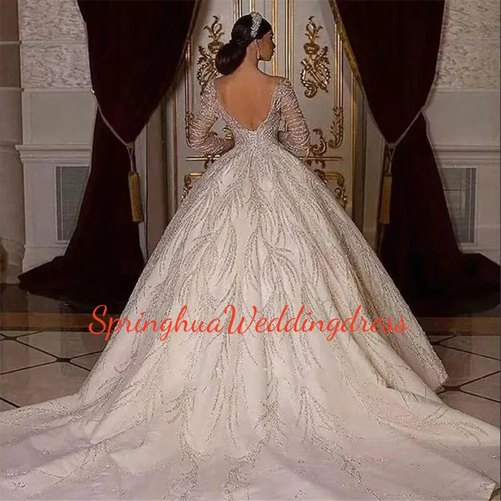 Customized Luxury Princess Wedding Dress Crystals Beaded Bridal Dress Illusion Tulle Long Sleeves Sparkly Vestidos De Novia