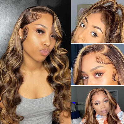 Body Wave Ombre Colored Honey Blonde Highlight Lace Front Wig Human Hair