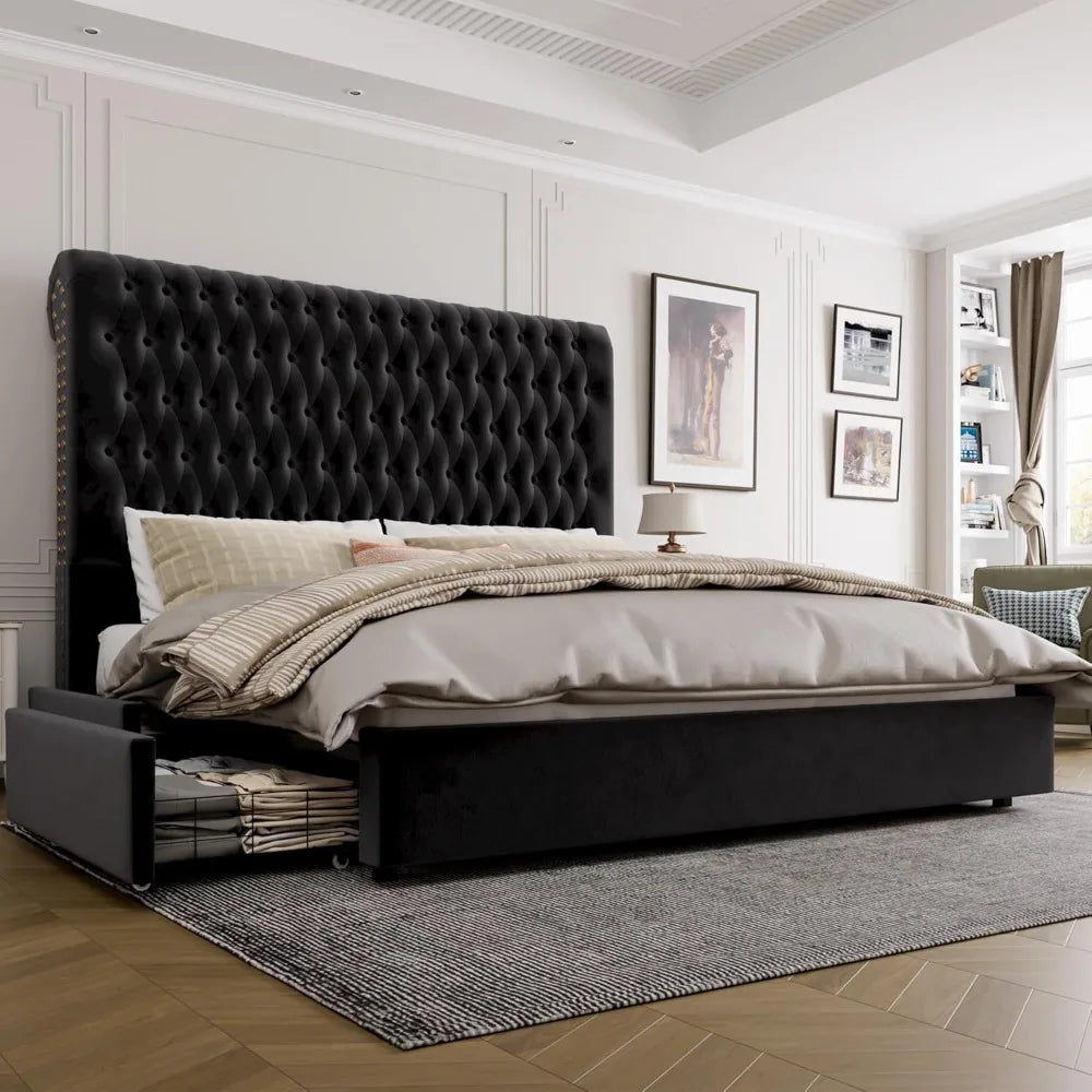Gorgeous King Size Bed Frame 55" Tall Headboard with 4 Under-bed Storage Drawers - Nellie's Way Beauty, Inc.